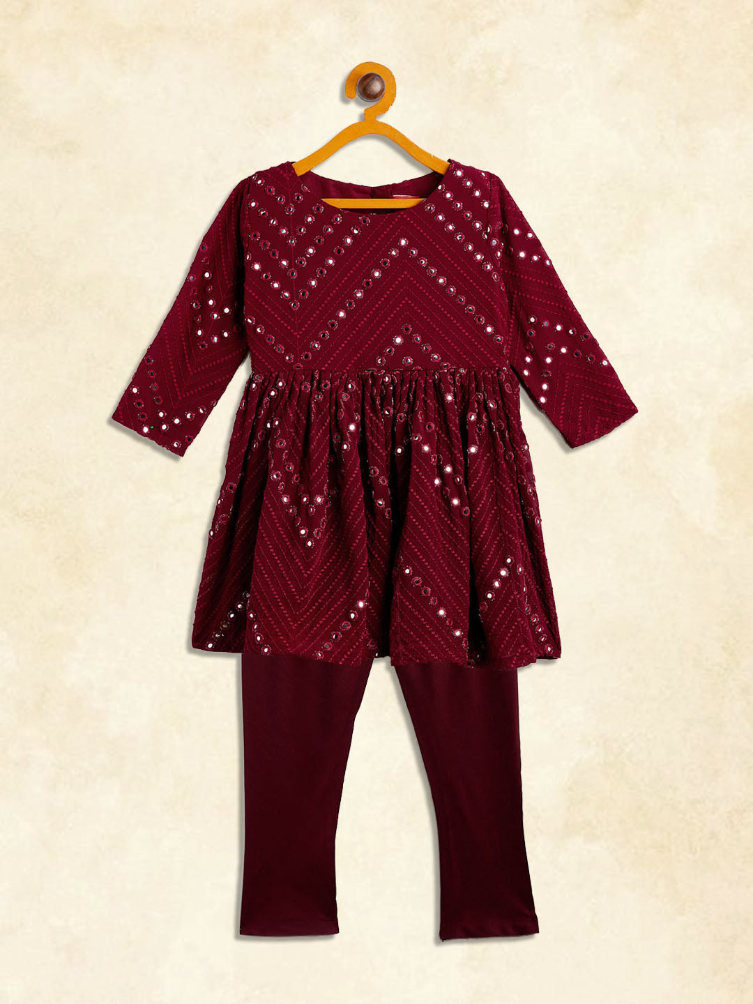 girls maroon mirror work kurta and churidar set