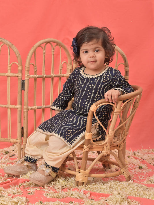 VASTRAMAY SISHU Girls Navy Blue Bandhni Print Kurta And Patiala Set