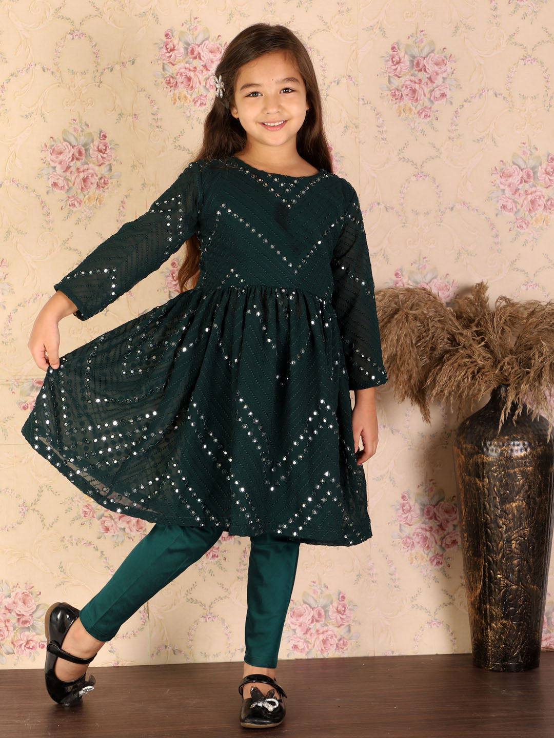 shrestha by Vastramay girls green mirror work kurta and churidar set