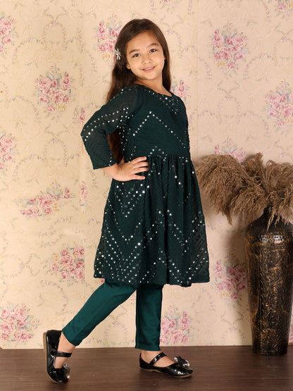 shrestha by Vastramay girls green mirror work kurta and churidar set