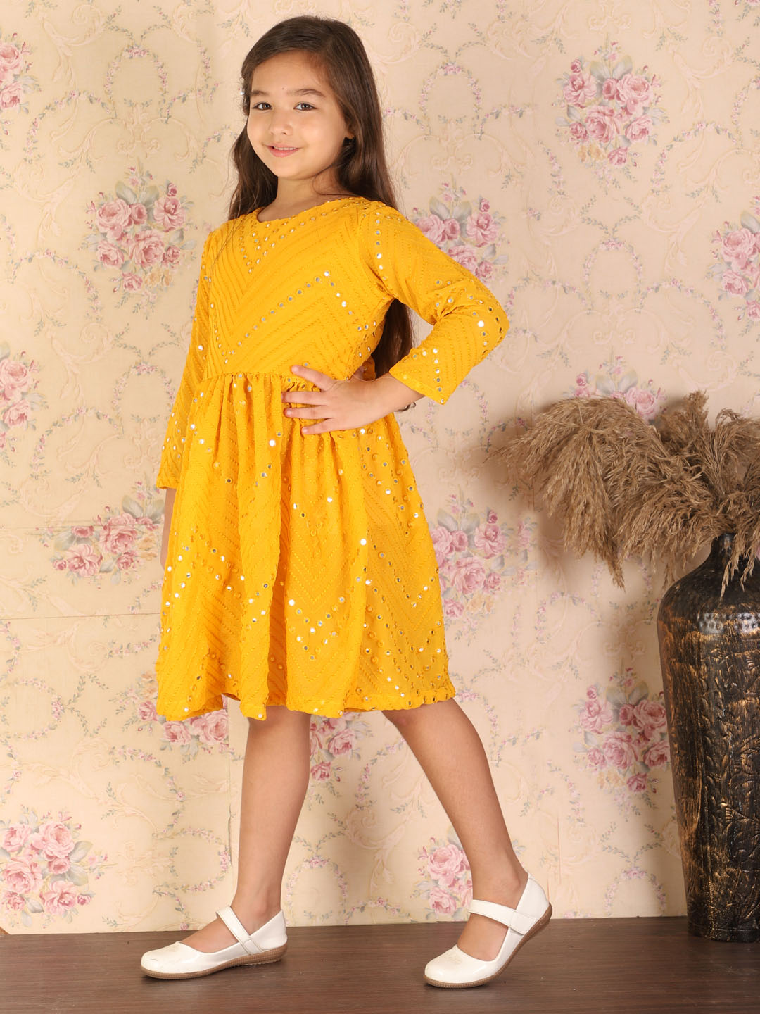 shrestha by Vastramay girls yellow color mirror work round kurta