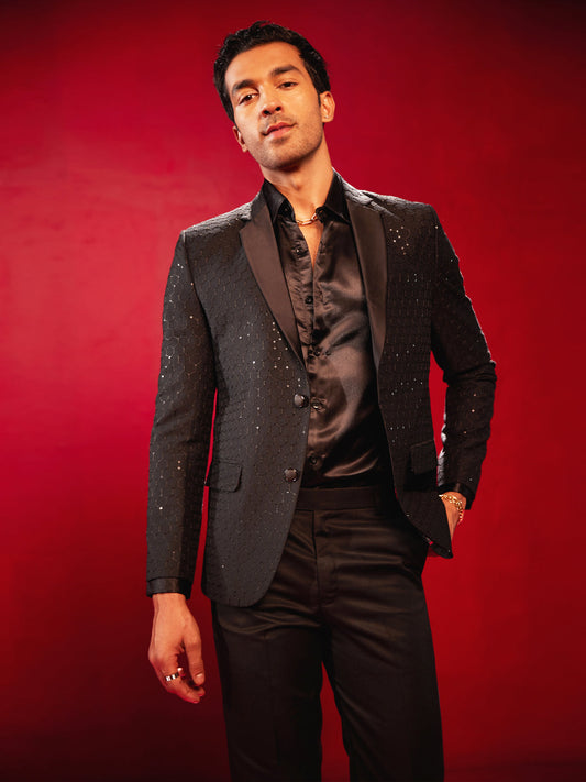 SHRESTHA By VASTRAMAY Men's Black Georgette Embroidered Blazer