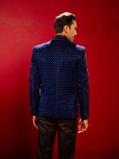 SHRESTHA By VASTRAMAY Men's Blue Velvet Schiflli Blazer