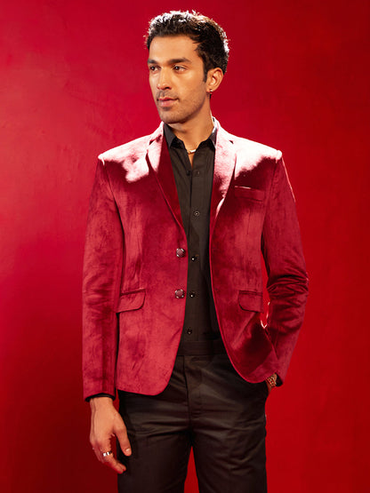 SHRESTHA By VASTRAMAY Men's Maroon Velvet Fancy Blazer