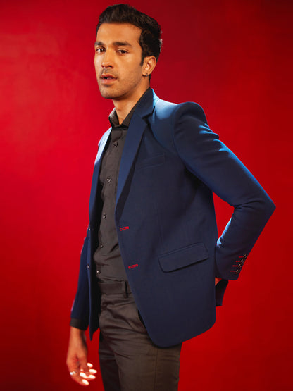 SHRESTHA By VASTRAMAY Men's Navy Blue Silk Blend Blazer