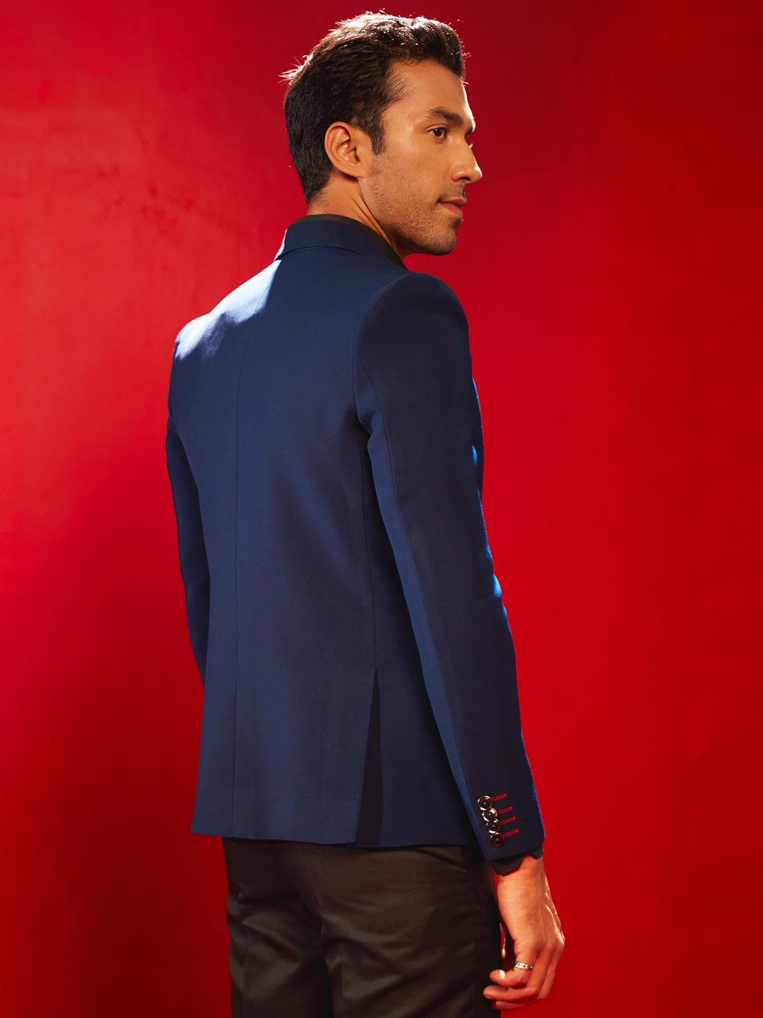 SHRESTHA By VASTRAMAY Men's Navy Blue Silk Blend Blazer