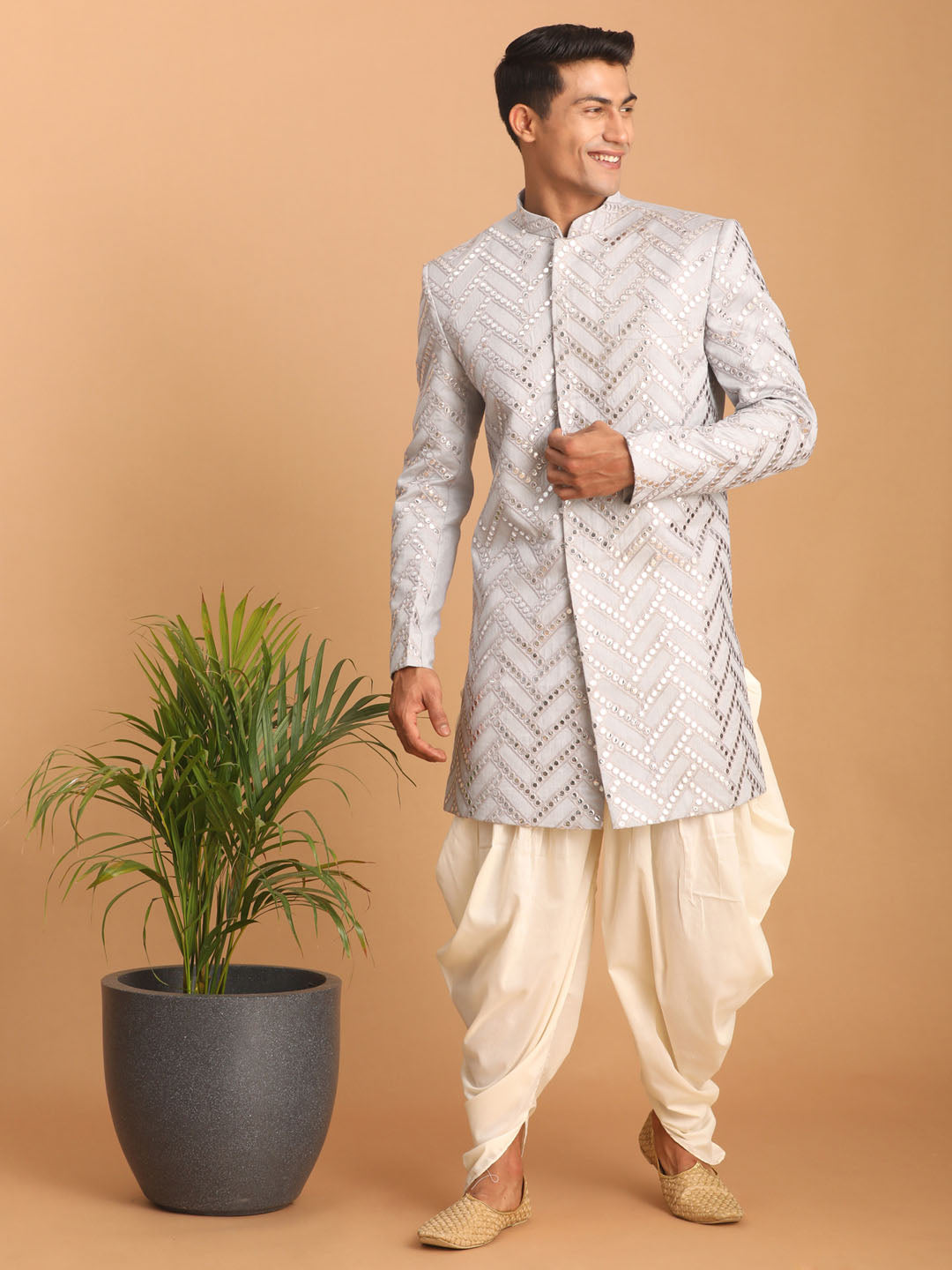 vastramay mens aqua blue mirror work indo western sherwani set