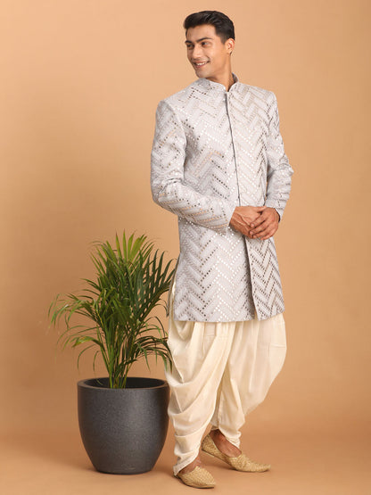vastramay mens aqua blue mirror work indo western sherwani set