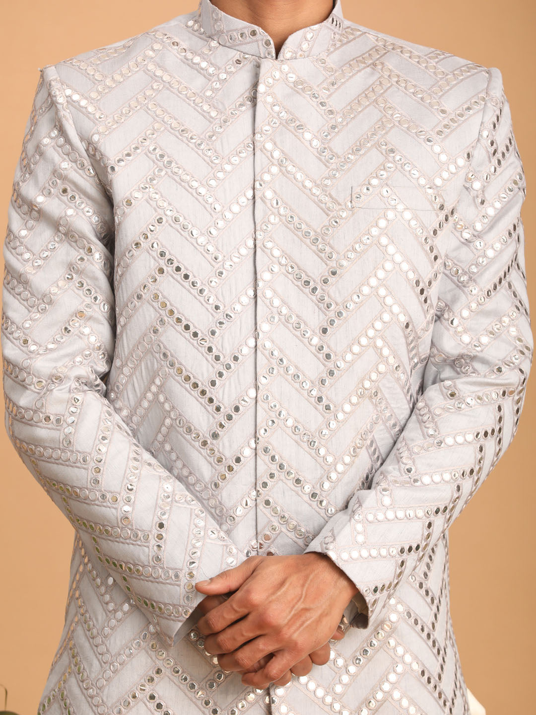 vastramay mens aqua blue mirror work indo western sherwani set