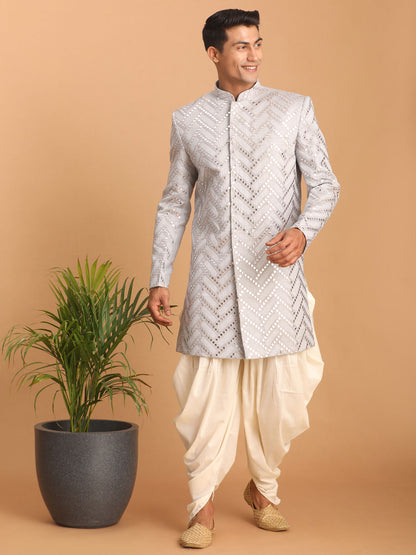 vastramay mens aqua blue mirror work indo western sherwani set