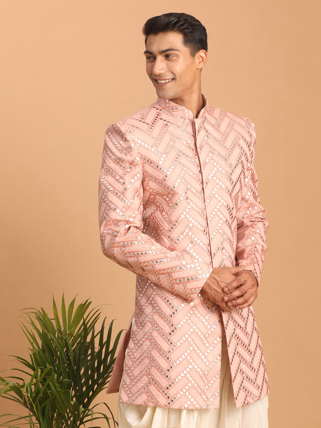 vastramay mens pink mirror work indo western only top