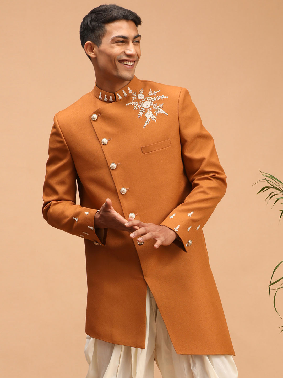 shrestha by Vastramay mens mustard color cottonblend sherwani only top