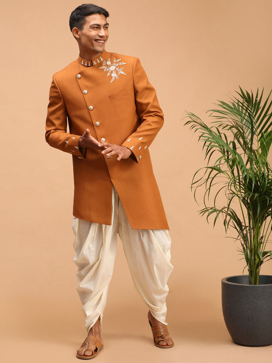 shrestha by Vastramay mens mustard color cotton blend peal embroidery indo western with cream dhoti set