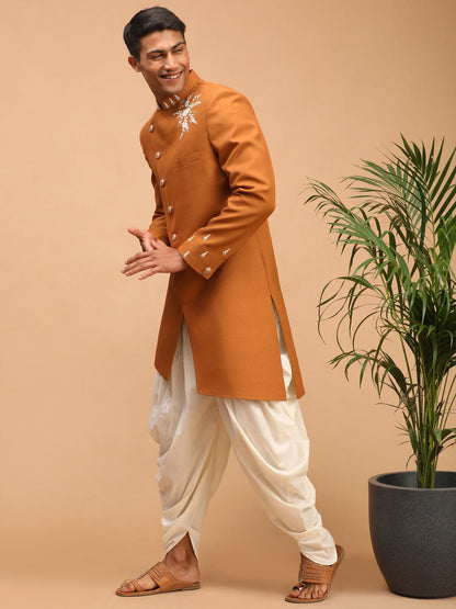 shrestha by Vastramay mens mustard color cotton blend peal embroidery indo western with cream dhoti set