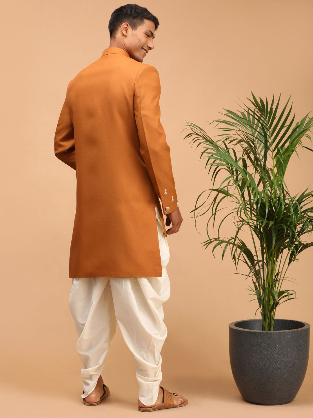 shrestha by Vastramay mens mustard color cotton blend peal embroidery indo western with cream dhoti set