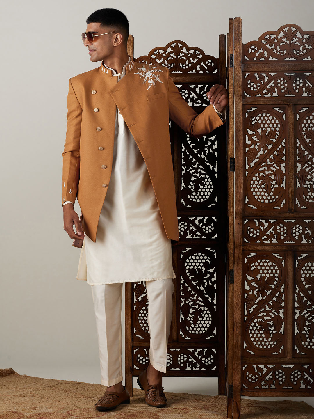 Vastramay mens mustard cotton blend peal embroidery indo western with cream kurta pant set