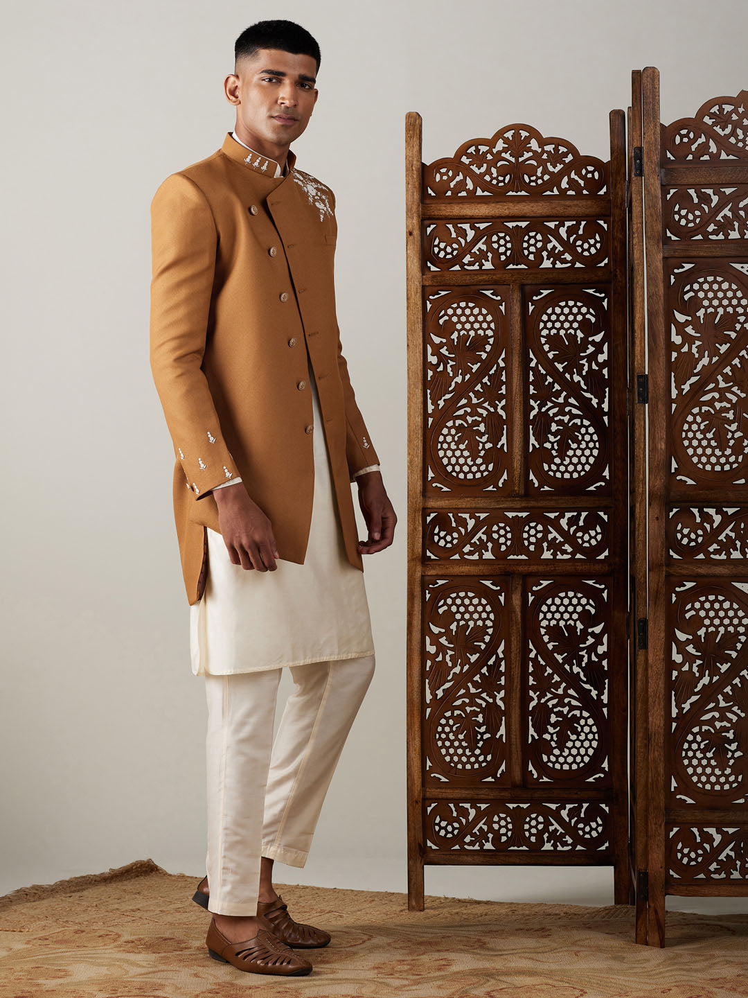 Vastramay mens mustard cotton blend peal embroidery indo western with cream kurta pant set