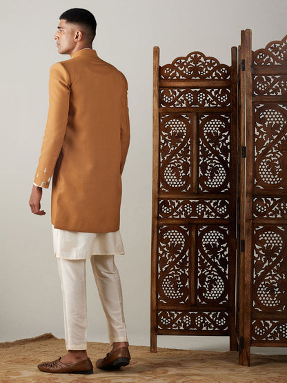 Vastramay mens mustard cotton blend peal embroidery indo western with cream kurta pant set