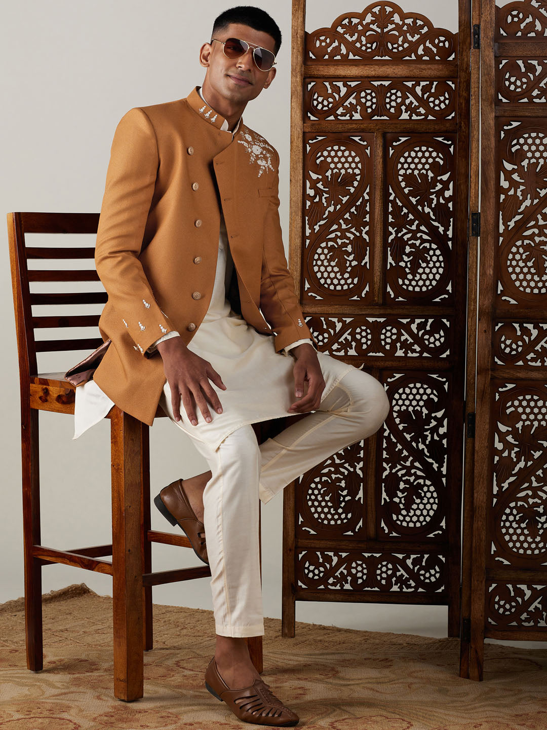 Vastramay mens mustard cotton blend peal embroidery indo western with cream kurta pant set