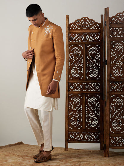 Vastramay mens mustard cotton blend peal embroidery indo western with cream kurta pant set