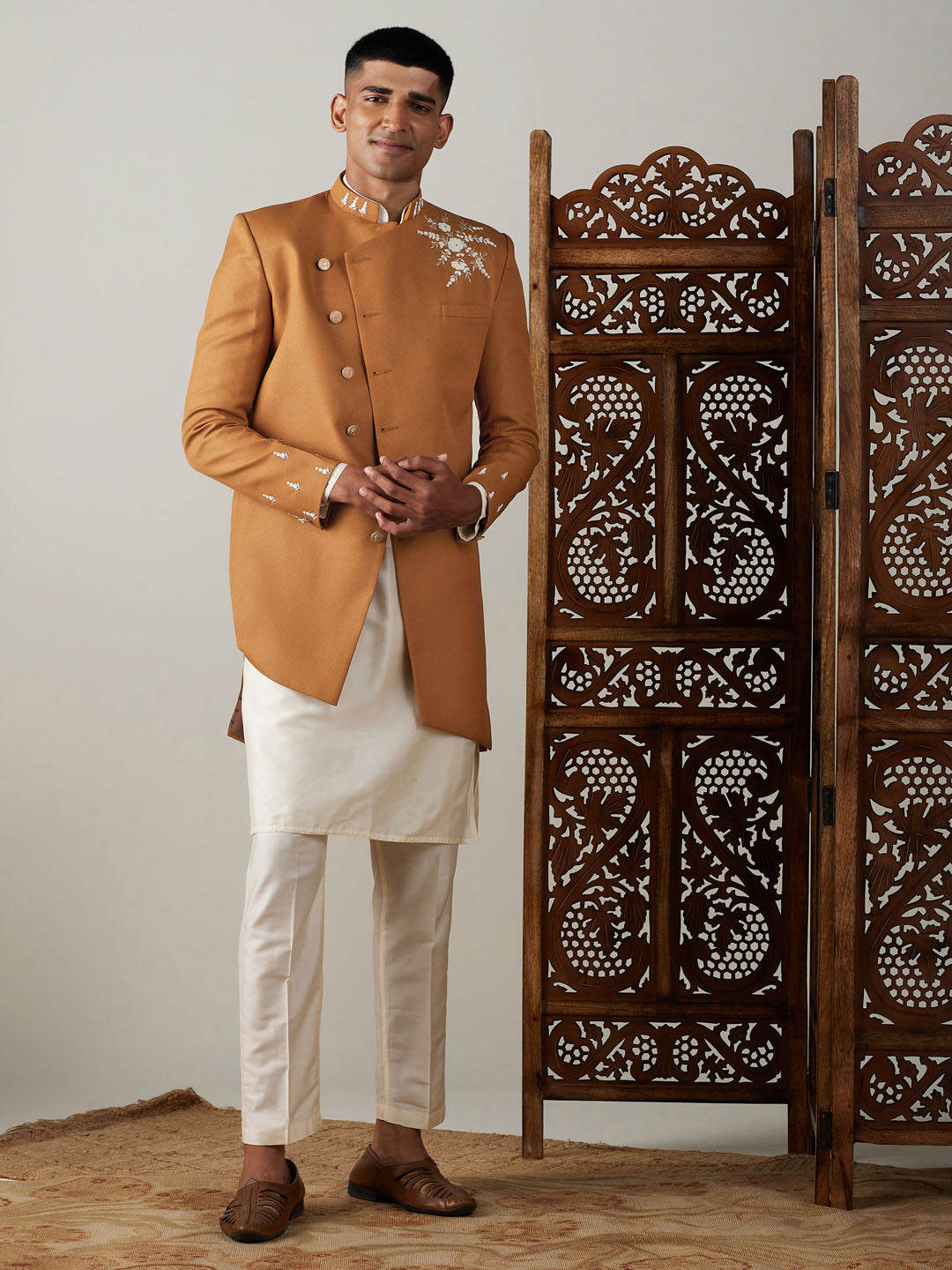 Vastramay mens mustard cotton blend peal embroidery indo western with cream kurta pant set