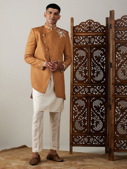 Vastramay mens mustard cotton blend peal embroidery indo western with cream kurta pant set