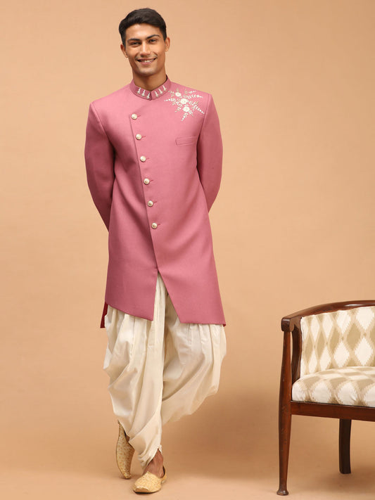 shrestha by Vastramay mens purple color cotton blend peal embroidery indo western with cream dhoti set