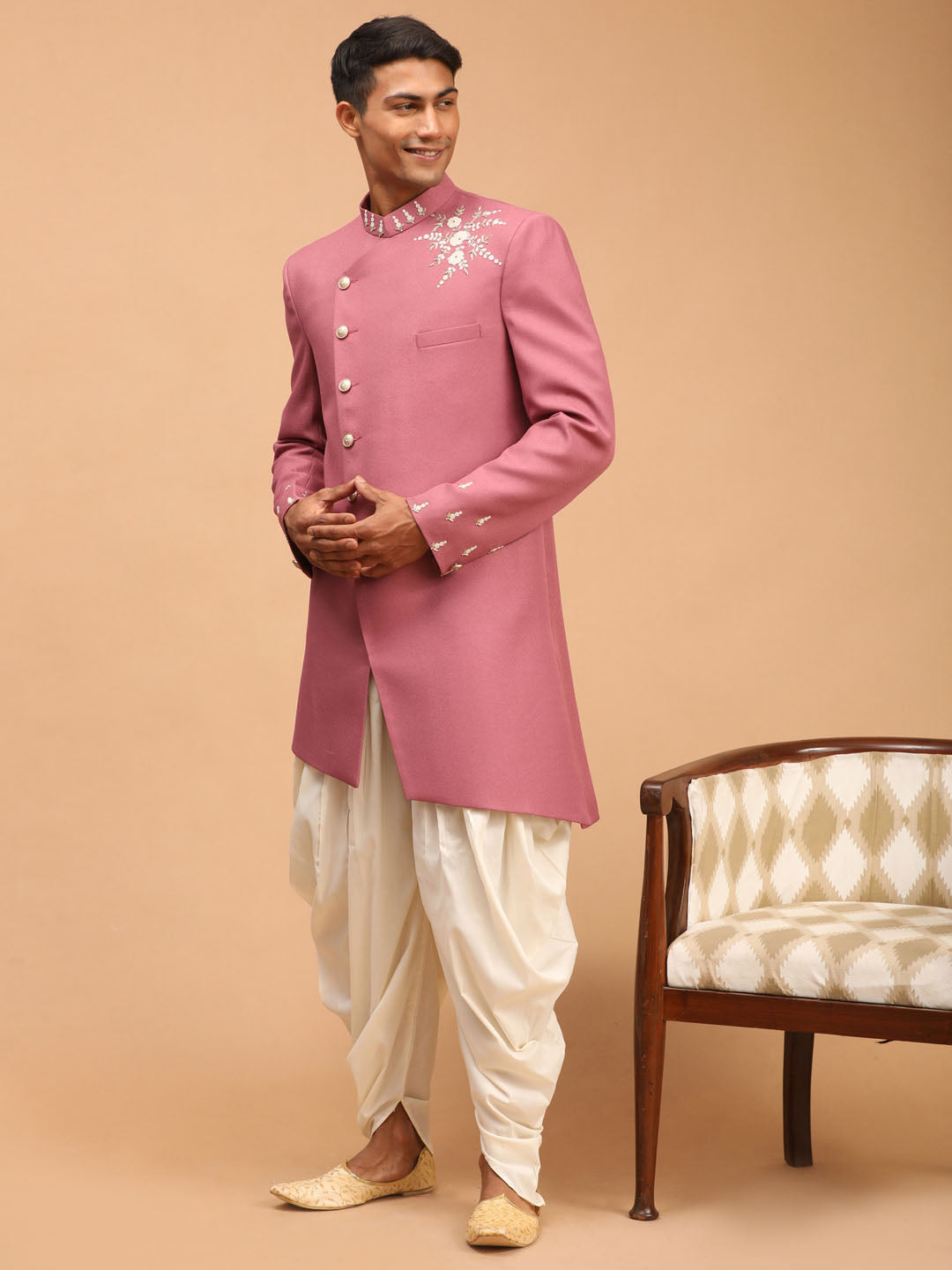 shrestha by Vastramay mens purple color cotton blend peal embroidery indo western with cream dhoti set