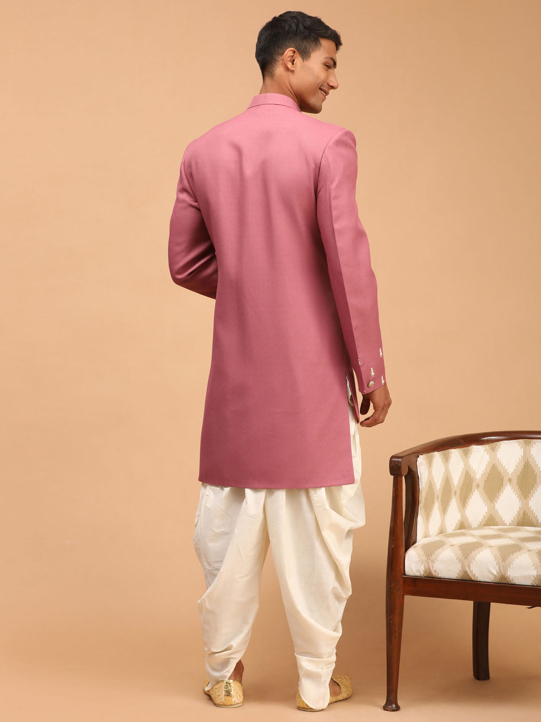 shrestha by Vastramay mens purple color cotton blend peal embroidery indo western with cream dhoti set