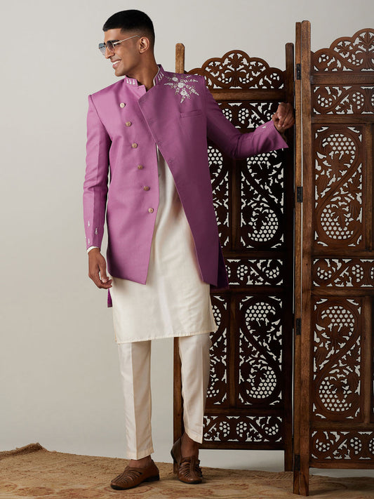 Vastramay mens purple cotton blend peal embroidery indo western with cream kurta pyjama set