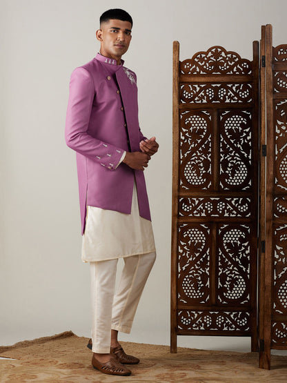 Vastramay mens purple cotton blend peal embroidery indo western with cream kurta pyjama set