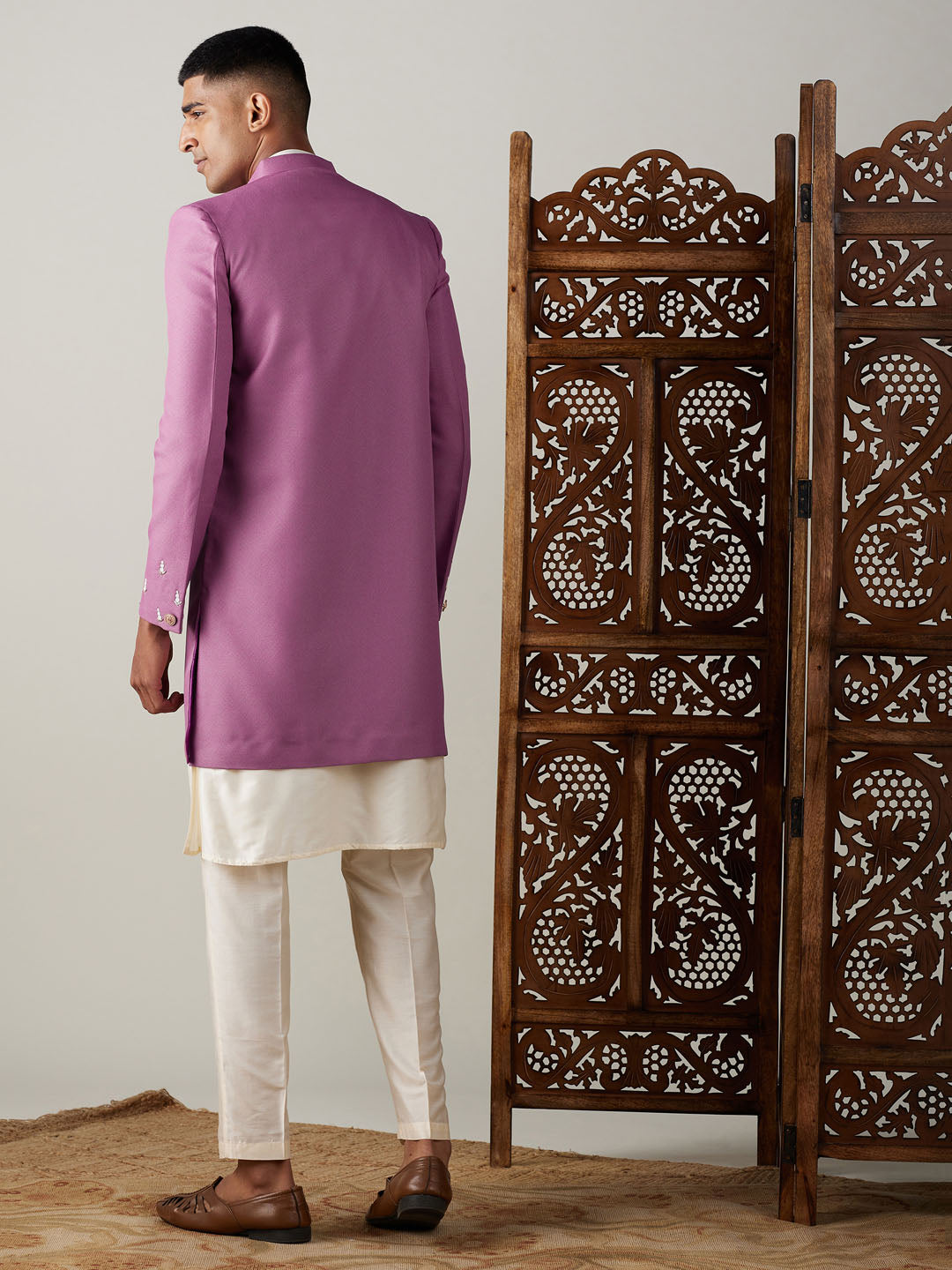 Vastramay mens purple cotton blend peal embroidery indo western with cream kurta pyjama set