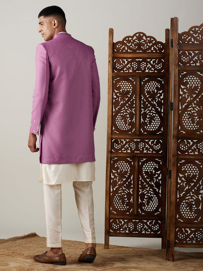 Vastramay mens purple cotton blend peal embroidery indo western with cream kurta pyjama set