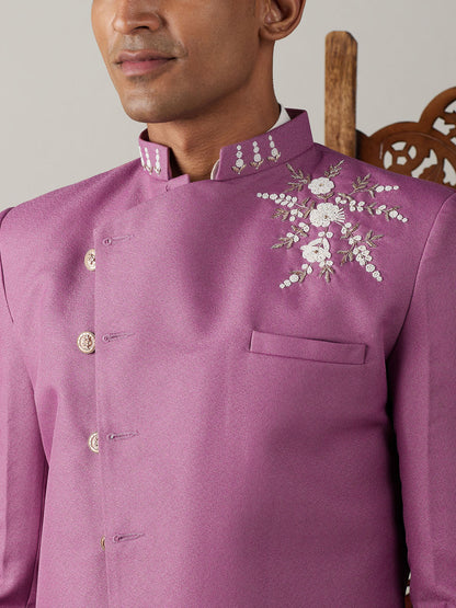 Vastramay mens purple cotton blend peal embroidery indo western with cream kurta pyjama set