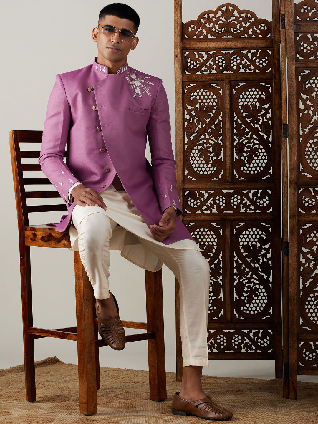 Vastramay mens purple cotton blend peal embroidery indo western with cream kurta pyjama set