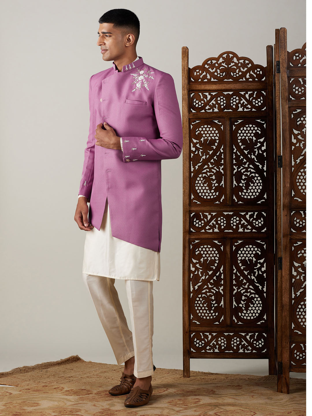 Vastramay mens purple cotton blend peal embroidery indo western with cream kurta pyjama set