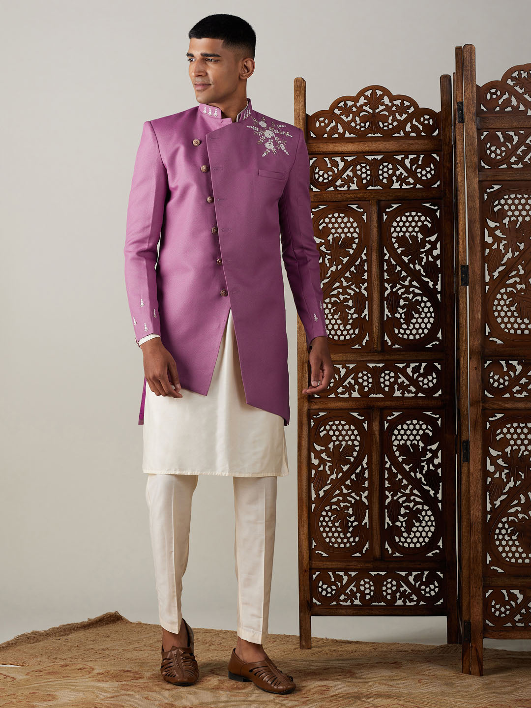 Vastramay mens purple cotton blend peal embroidery indo western with cream kurta pyjama set