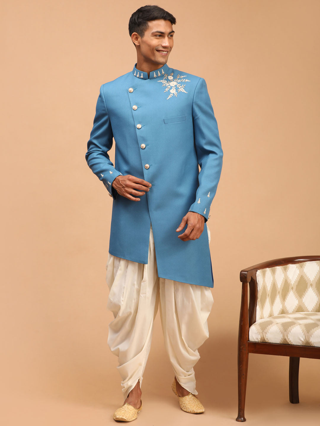 shrestha by Vastramay mens turquoise blue color cotton blend peal embroidery indo western with cream dhoti set