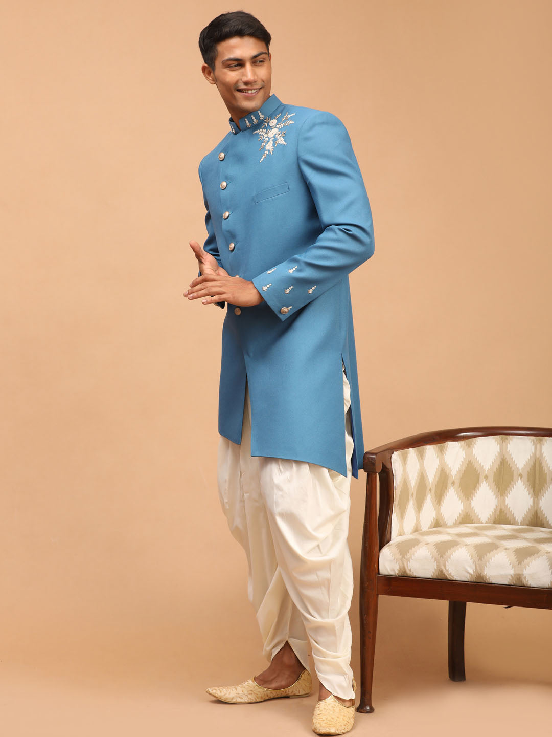 shrestha by Vastramay mens turquoise blue color cotton blend peal embroidery indo western with cream dhoti set