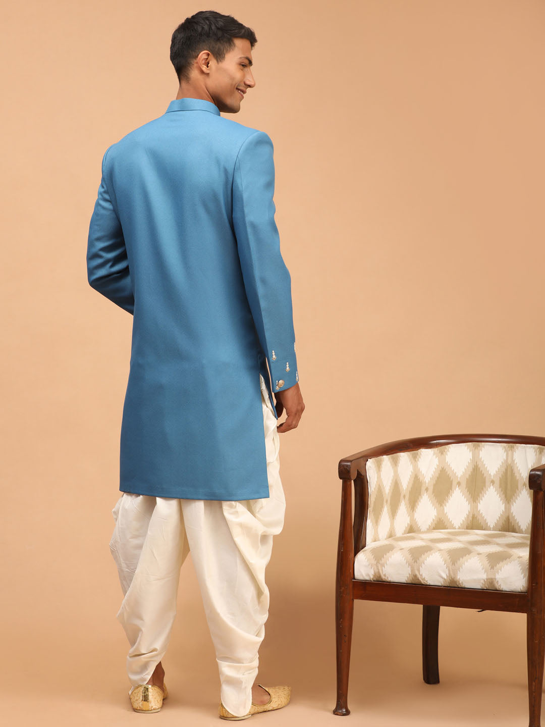 shrestha by Vastramay mens turquoise blue color cotton blend peal embroidery indo western with cream dhoti set