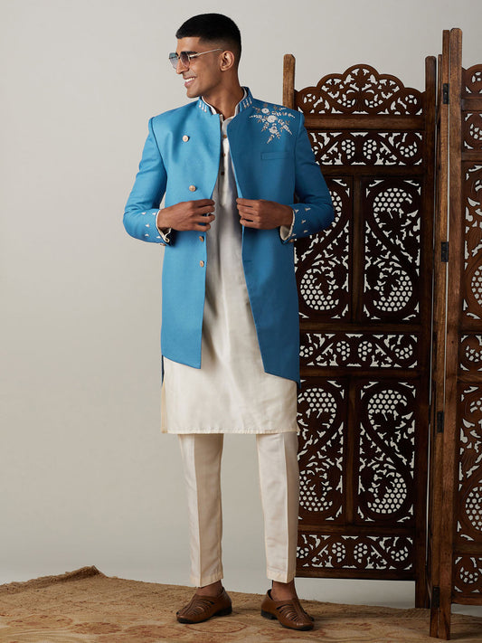 Vastramay mens turquoise blue cotton blend peal embroidery indo western with cream kurta pant set