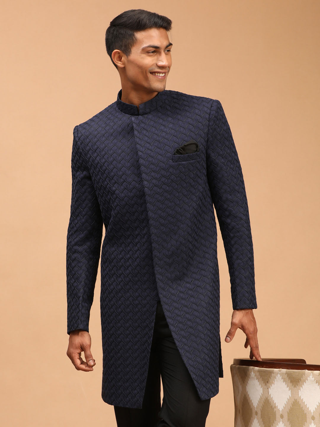 shrestha by Vastramay mens navy blue jaccard self design sherwani only top