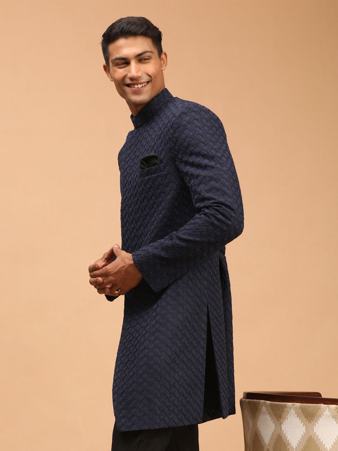 shrestha by Vastramay mens navy blue jaccard self design sherwani only top