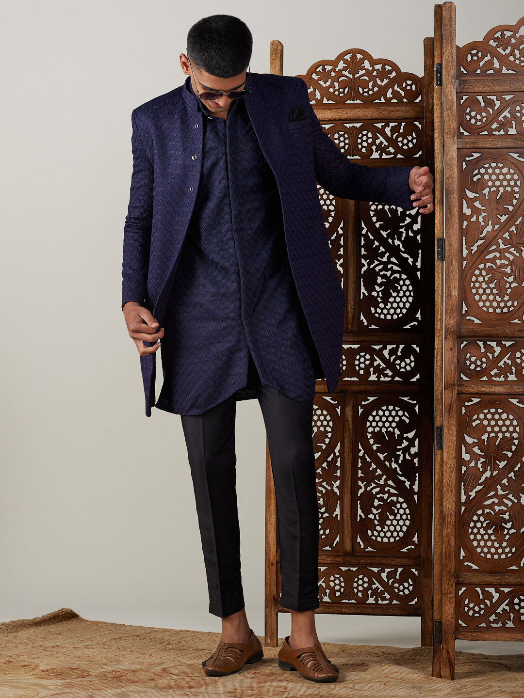 Vastramay mens navy blue imported jaccard self design sherwani with kurta and black pant set