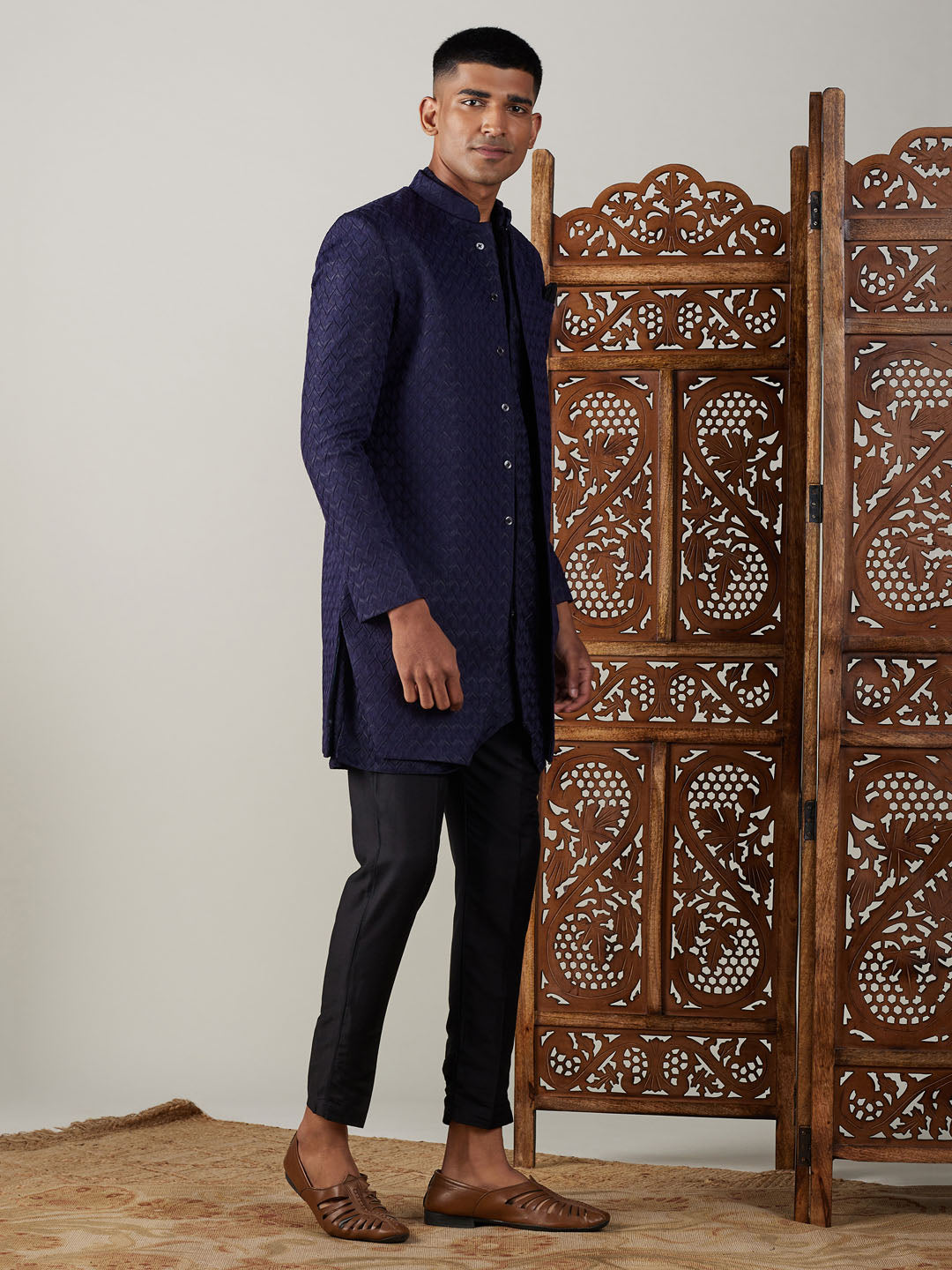 Vastramay mens navy blue imported jaccard self design sherwani with kurta and black pant set