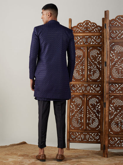 Vastramay mens navy blue imported jaccard self design sherwani with kurta and black pant set