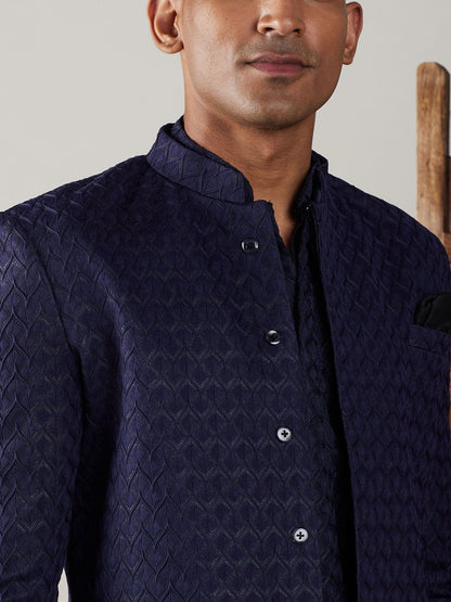 Vastramay mens navy blue imported jaccard self design sherwani with kurta and black pant set