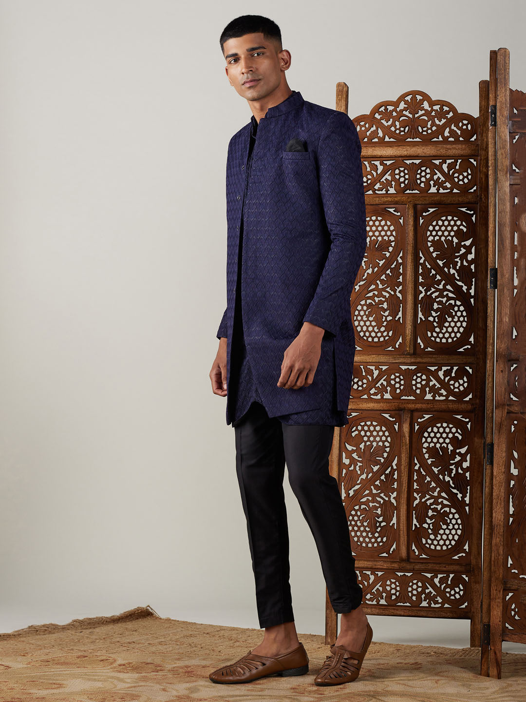 Vastramay mens navy blue imported jaccard self design sherwani with kurta and black pant set