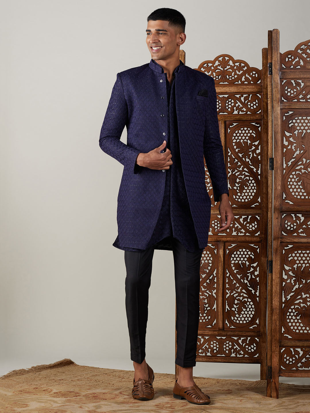 Vastramay mens navy blue imported jaccard self design sherwani with kurta and black pant set