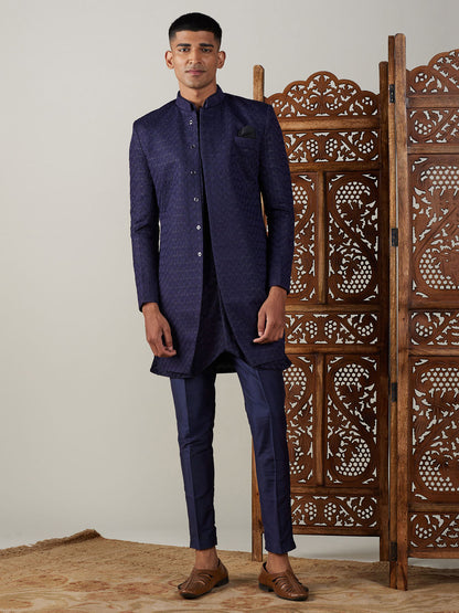 Vastramay mens navy blue imported jaccard self design sherwani with kurta and pant set